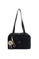 Matte vintage black tote bag with large front pocket and plush charm accessory - With Pendant / Black
