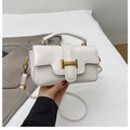 Close-up of white leather handbag with elegant gold metal buckle and top handle - White