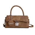 Retro brown leather handbag with silver lock and detachable strap on white background - Brown