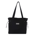 Minimalist black canvas tote bag with FASHION label and functional drawstring details - Black