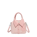 Pink shirt-style leather crossbody bag with button detail and top handle on white background - Pink
