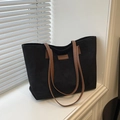 Minimalist black tote bag with brown leather straps and fashion label detail - Black