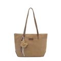 Light brown suede tote bag with shoulder straps and a cute plush bear charm accessory - Khaki (With Pendant)