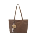 Brown suede tote bag with top handles, fashion label, and cute plush bear keychain charm - Brown + Pendant
