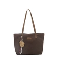 Brown faux suede tote bag with thin shoulder straps and a cute teddy bear charm - Coffee + Pendant