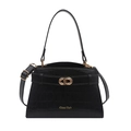 Classic black crocodile texture crossbody bag with gold buckle and top handle in studio lighting - Black