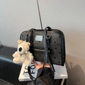 Polka dot handbag in herringbone fabric with silver zip and plush bear pendant detail - Single Bag / Black