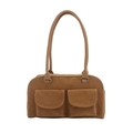 Retro braune Schultertasche aus Wildleder mit zwei Vordertaschen und Silberbeschlägen - Khaki