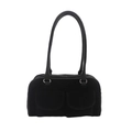 Schwarze Vintage-Samtschultertasche mit Fronttaschen und silbernen Reißverschlüssen - Schwarz