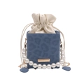Blue leopard print bucket bag with pearl handle and cream drawstring lining - Blue