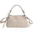Bolso de mano beige minimalista con costuras verticales y emblema plateado fino - Beige