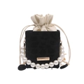 Chic black leopard embossed bucket bag with large pearl handle and drawstring closure - Black Leopard