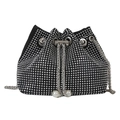 Sparkling rhinestone drawstring bucket bag with silver chain strap and pearl charms - Silver