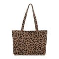 Large leopard print corduroy tote bag with double handles and front pocket for daily use - Khaki