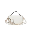 White minimalist crossbody bag with black handle and woven gold chain strap on white background - White
