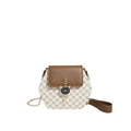 Borsa a tracolla esagonale beige con motivo marrone e ciondolo a gatto in metallo - Bianco