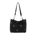 Borsa tote trapuntata con ricamo a fiocco argento e dettaglio tracolla a catena nero - Nero