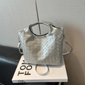 Metallic silver woven crossbody bag with top handle and detachable strap - Silver No Pendant