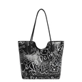 Black leather tote bag with white hand-drawn graffiti patterns and slim shoulder straps - Black (Without Charm)