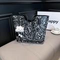 Large black tote bag with white graffiti cat print and plush cloud charm accessory - With Ornament / Black