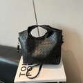 Chic black woven leather bucket bag with top handles and detachable shoulder strap - Without Pendant / Black
