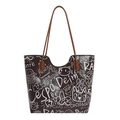 Deep brown graffiti tote bag with white hand-drawn illustrations and long shoulder straps - Coffee (No Pendant)