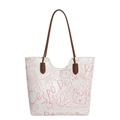 White graffiti tote bag with pink illustrations and brown handles for casual wear - Pink (No Charm)