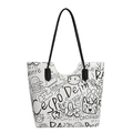 Large white tote bag with black graffiti print and slim shoulder straps for daily use - White (Without Charm)