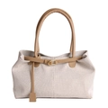 Retro canvas tote bag in off-white with brown leather straps for daily commuting - Khaki