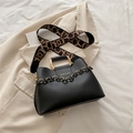 Chic black tote bag with gold metal handle and patterned jacquard wide shoulder strap - Black