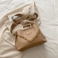 Modern khaki PU leather handbag with gold chain and jacquard webbing shoulder strap - Khaki