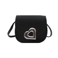 Bolso bandolera negro retro en cuero granulado con hebilla de corazón plateada elegante - Negro