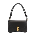 Minimalist black leather underarm bag with golden clasp and decorative shoulder knots - Black