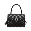 Modern black leather handbag with silver studded V-pattern and curved top handle for women - Black