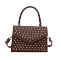 Brown faux leather handbag with silver rivets and adjustable shoulder strap in coffee hue - Brown