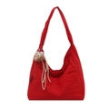 Red nylon hobo bag for women with a cute plush bear pendant and large capacity space - With Ornament / Red
