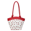 Minimalistische weiße Beuteltasche mit Kirschmuster und roten verknoteten Griffen - Rot