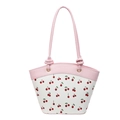 Schicke Damen Beuteltasche in Weiß mit Kirschmuster und rosa Schulterriemen - Rosa