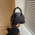 Mini black lychee leather shell bag with silver chain strap and top handle style - Black