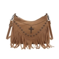 Böhmische braune Fransen-Umhängetasche mit Retro-Metallnieten und Kreuzanhänger - Khaki