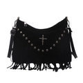 Schwarze Umhängetasche aus Wildleder mit Fransen, Nieten und Gothic-Kreuz im Punk-Stil - Schwarz