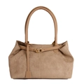 Borsa tote vintage scamosciata color terra con manici in pelle e fibbia dorata - Cachi Opaco