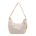 Minimalist beige corduroy half-moon hobo bag with adjustable strap and textured finish - White