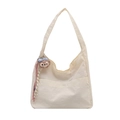 Borsa tote in tela bianco sporco da donna con ciondolo a orsetto di peluche e ampia tasca - Con Ornamento / Bianco