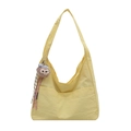 Minimalist bright yellow nylon shoulder bag with a cute plush character charm and big pocket - With Ornament / Yellow