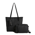 Three-piece black and grey geometric print tote bag set with matching coin purse and cylinder bag - Black