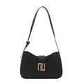 Fashionable black leather underarm bag with gold geometric buckle on white background - Black