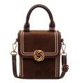Borsa a mano vintage in pelle scamosciata marrone con ricami e fibbia dorata - Marrone