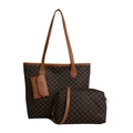 Three-piece women's tote bag set featuring classic geometric pattern and brown straps - Brown