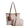 Three-piece tote bag set with monogram print and brown leather handles on white background - White